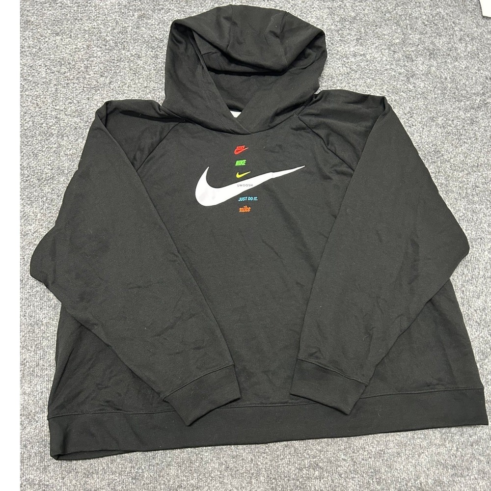 Nike Hoodie Womens Size 3X Black Multi-Logo Graphic Pullover Sweatshirt Active